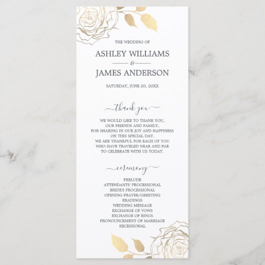 Chic Script Gold Floral Roos Simple Wedding Programmakaart (Voorkant)