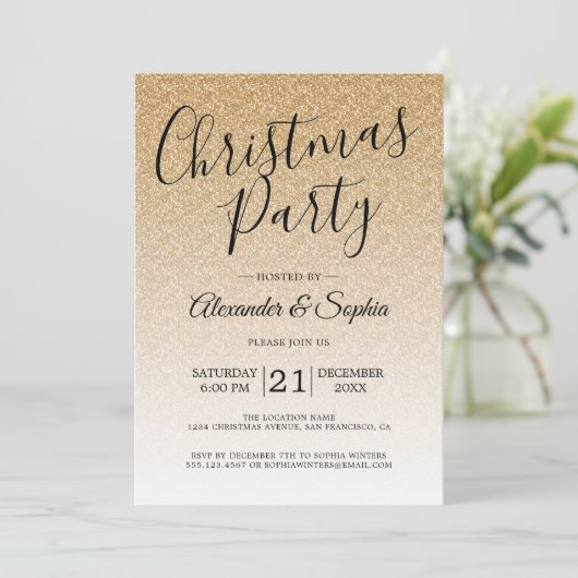 Chic Script Gold Glitter Ombre kerstparty Kaart (Staand voorkant)