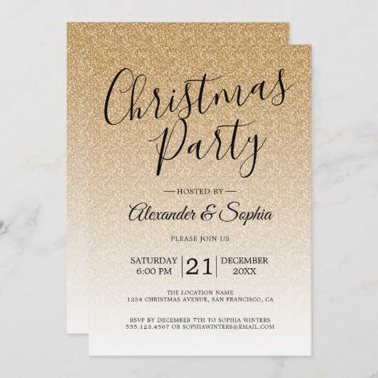 Chic Script Gold Glitter Ombre kerstparty Kaart (Voorkant / Achterkant)