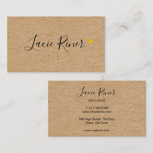 Chic Script Gold Love Heart Rustic Kraft Visitekaartje (Voorkant / Achterkant)