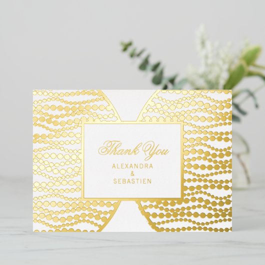 Chic Script Golden Pearls Gold Foil Hartelijk dank Folie Uitnodiging (Staand Voorkant)