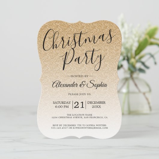Chic Script Goud Glitter Ombre Kerstfeest Party Kaart (Staand voorkant)