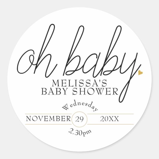 Chic script gouden hart baby shower oh baby ronde sticker (Voorkant)