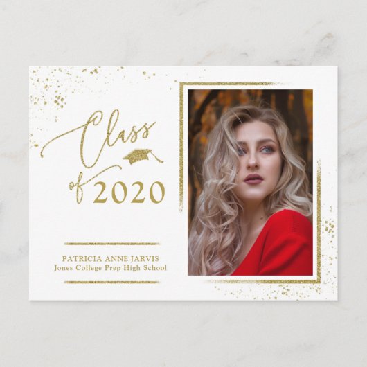 Chic Script Grad Aankondiging Festive Goud Glitter Briefkaart (Voorkant)
