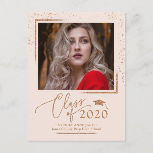 Chic Script Grad aankondiging Roze Gouden Glitters Briefkaart (Voorkant)