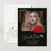Chic Script Grad Feest Save The Date Goud Glitter Briefkaart (Voorkant / Achterkant)