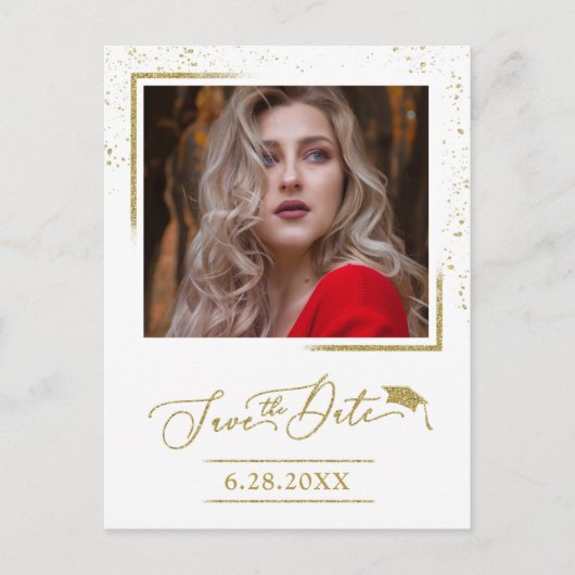 Chic Script Grad Feest Save The Date Gouden Glitte Briefkaart (Voorkant)