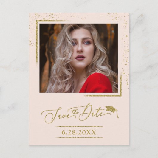 Chic Script Grad Feest Save The Date Gouden Glitte Briefkaart (Voorkant)