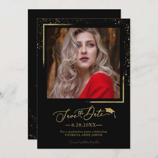 Chic Script Grad Feest Save The Date Gouden Glitte Kaart (Voorkant / Achterkant)