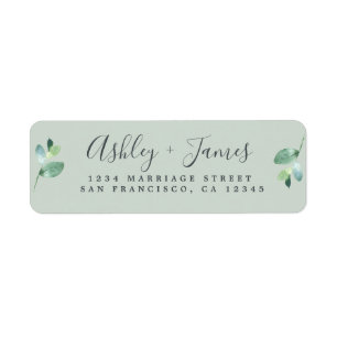 Chic Script Green Foliage Wedding Return Address Etiket