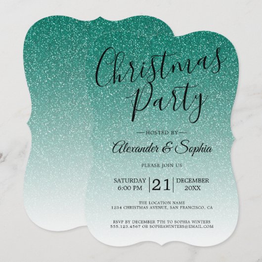 Chic Script Green Glitter ombre Kerstparty in Kaart (Voorkant / Achterkant)