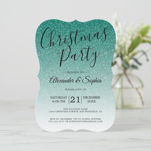 Chic Script Green Glitter ombre Kerstparty in Kaart (Staand voorkant)
