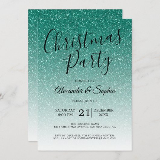 Chic Script Green Glitter Ombre Kerstparty Kaart (Voorkant / Achterkant)