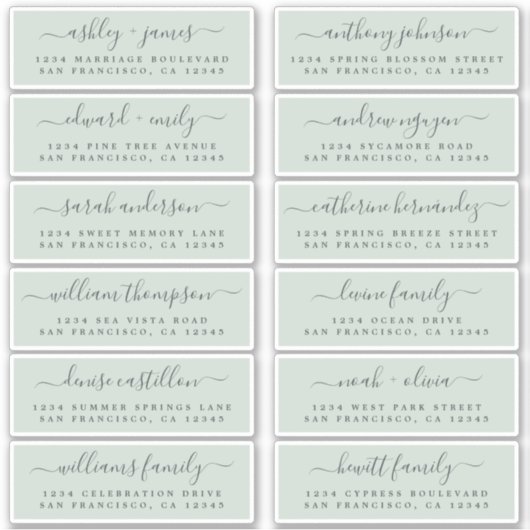Chic Script Green Wedding Guest Adresetiketten Sticker (Voorkant)