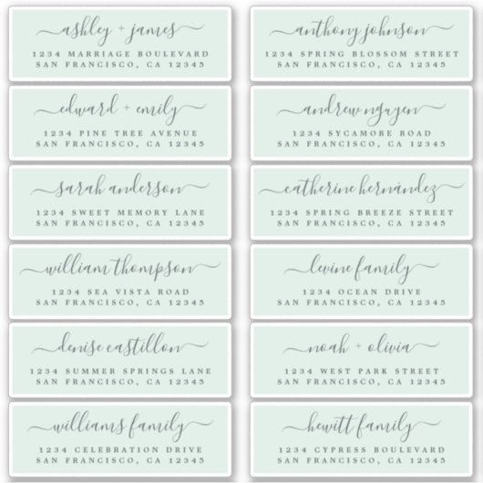 Chic Script Green Wedding Guest Adresetiketten Sticker (Voorkant)