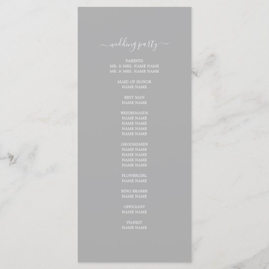 Chic Script Grey Simple Minimal Wedding Programmakaart (Achterkant)