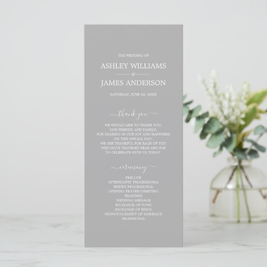 Chic Script Grey Simple Minimal Wedding Programmakaart (Staand voorkant)