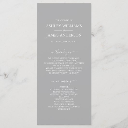 Chic Script Grey Simple Minimal Wedding Programmakaart (Voorkant)