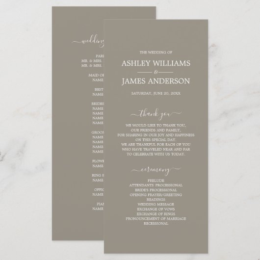Chic Script Grijs Eenvoudig Minimaal Huwelijk Programmakaart (Voorkant / Achterkant)