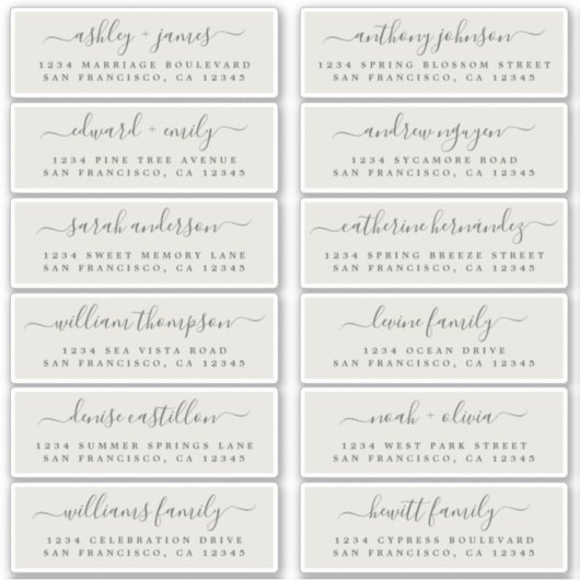 Chic Script Grijs Huwelijks Gast Adres Labels (Voorkant)