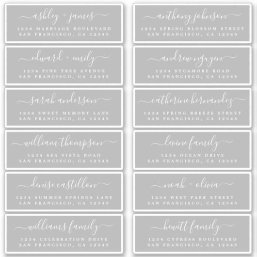 Chic Script Grijs Huwelijks Gast Adres Labels (Voorkant)