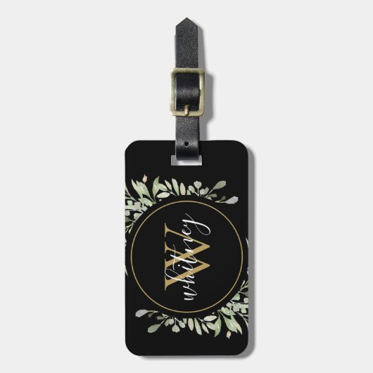 Chic script groen goud monogram zwart bagagelabel (Voorkant verticaal)