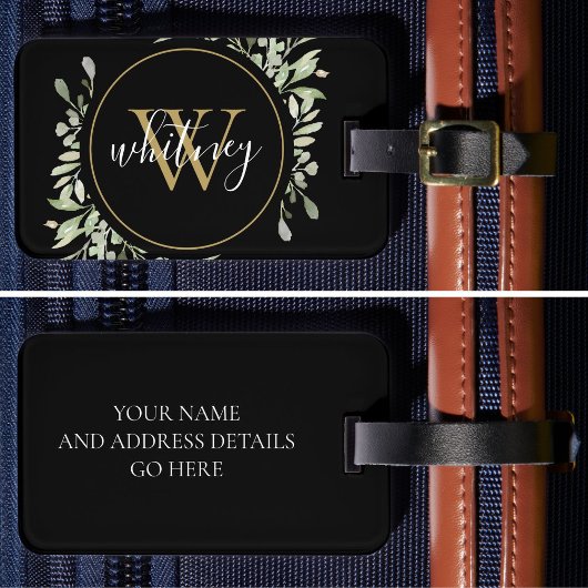 Chic script groen goud monogram zwart bagagelabel
