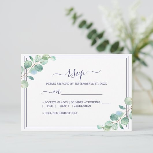 Chic Script Groene Blad Bruiloft RSVP Kaartje (Staand voorkant)