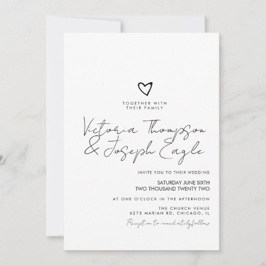 Chic Script Hart Schuine Zwarte Witte Trouw  Kaart (Voorkant)