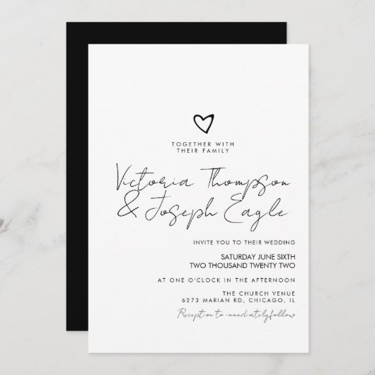 Chic Script Heart Slanted Black White Wedding Kaart (Voorkant / Achterkant)