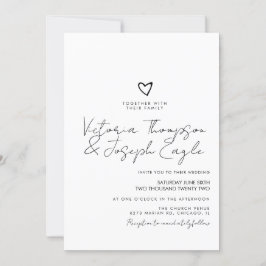 Chic Script Heart Slanted Black White Wedding Kaart