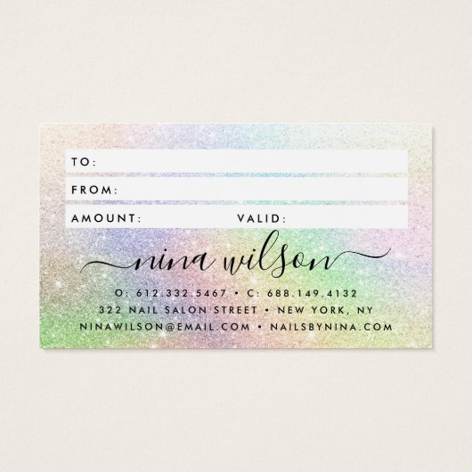 Chic script holographic rainbow glitter gift visitekaartje (Achterkant)