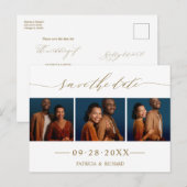 Chic Script Huwelijk Save The Date 3 Foto Collage Briefkaart (Voorkant / Achterkant)