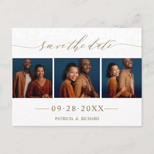 Chic Script Huwelijk Save The Date 3 Foto Collage Briefkaart (Voorkant)