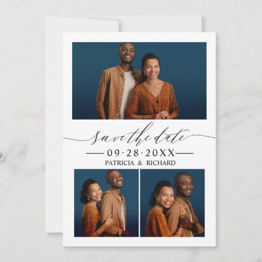 Chic Script Huwelijk Save The Date 3 Foto Collage Kaart (Voorkant)