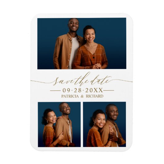 Chic Script Huwelijk Save The Date 3 Foto Collage Magneet (Verticaal)
