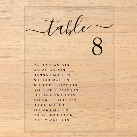Chic script huwelijks tafel zitplaats kaart acryl uitnodigingen (Voorkant)