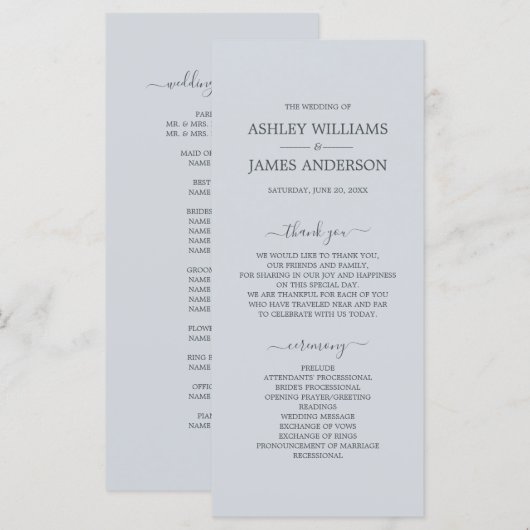 Chic Script Ice Blue Eenvoudig Minimaal Huwelijk Programmakaart (Voorkant / Achterkant)