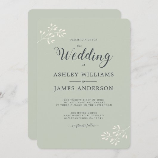 Chic Script Ivoor Loofwerk Pastelgroene Trouw Kaart (Voorkant / Achterkant)