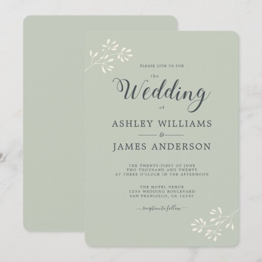 Chic Script Ivory Foliage Pastel Green Wedding Kaart (Voorkant / Achterkant)