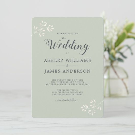 Chic Script Ivory Foliage Pastel Green Wedding Kaart (Staand voorkant)