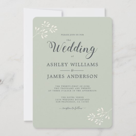 Chic Script Ivory Foliage Pastel Green Wedding Kaart (Voorkant)