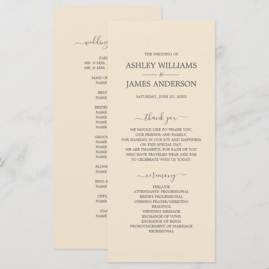 Chic Script Ivory Simple Minimal Wedding Programmakaart (Voorkant / Achterkant)