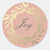 Chic Script Joy Gold Wreaty Kerstmis Roze Ronde Sticker (Voorkant)