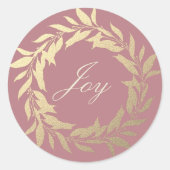 Chic Script Joy Gouden Krans Kerststof Roos Ronde Sticker (Voorkant)
