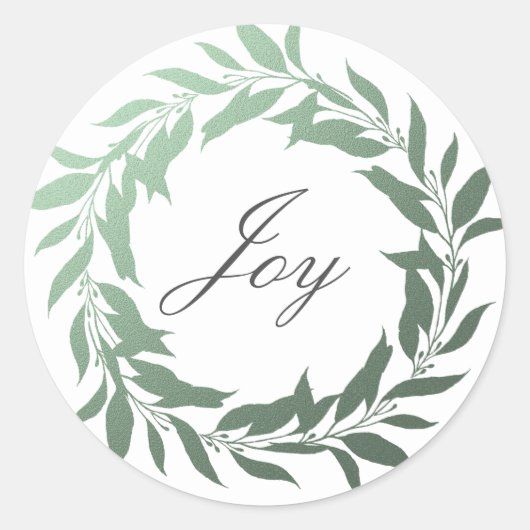 Chic Script Joy Groene Folie Krans Kerstmis Ronde Sticker (Voorkant)