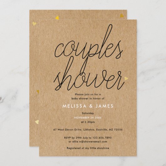 Chic Script Kraft Gouden Hartjes Couples Baby Show Kaart (Voorkant / Achterkant)