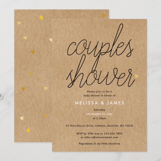 Chic Script Kraft Gouden Hartjes Koppel Baby Showe Kaart (Voorkant / Achterkant)