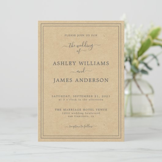 Chic Script Kraft Paper Wedding-uitnodiging Kaart (Staand voorkant)