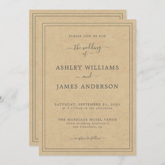 Chic Script Kraft Paper Wedding-uitnodiging Kaart (Voorkant / Achterkant)